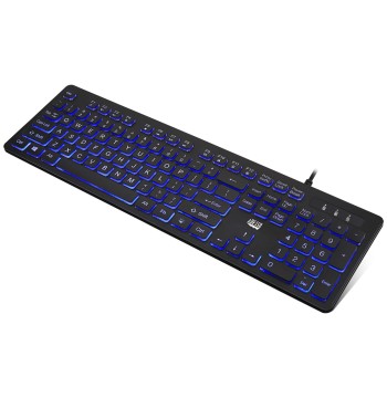Adesso AKB-139EB Large Print Illuminated LED Keyboard 2X Big Letter Keys Blue Backlit Low Profile Quiet Switches USB Wired 104 Key Multimedia Controls Water Resistant