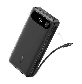 Anker Power Bank, 20,000mAh Travel Essential Portable Charger with Built-in USB-C Cable, 3-Port 87W Max Fast Charging Battery Pack, for MacBook, iPhone 16/15 Series, Samsung, Switch, and More