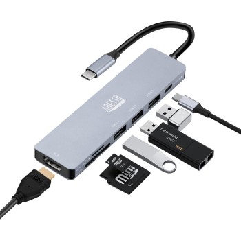 Adesso AUH-4025 USB C Docking Station Multiport Adapter Type C Hub Supports USB C to x1 4K HDMI, 3X USB-A 3.2, 1x PD, 1x Micro SD, 1x SD Card Reader
