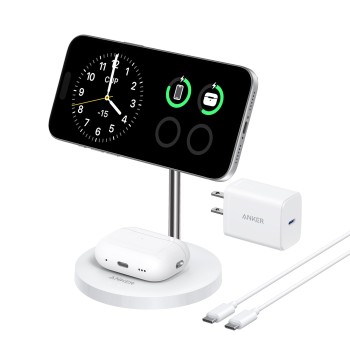 Anker MagSafe Compatible MagGo Charger Stand, iPhone 17 Wireless Charger, 2-in-1 Charging Station, Qi2 Certified 15W Fast Charging, for iPhone 17/16/15/14/13/12, AirPods Pro (40W Adapter Included)