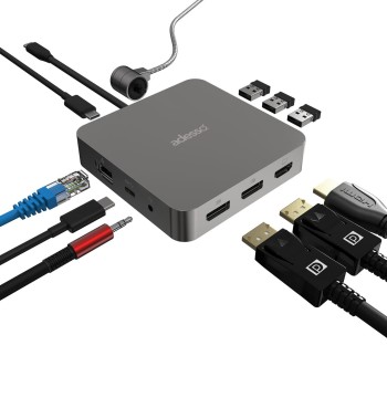 Adesso 11 in 1 USB C Multiport Docking Station Dual Display HDMI USB 3.2 PD 100W RJ45 3.5mm Jack Peripheral Lock Compatible with Windows Mac Made in Taiwan TAA Compliant AUH-4051-TAA