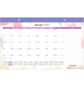 AT-A-GLANCE® Watercolors 2027 Monthly Desk Pad Calendar, Compact, 17 3/4" x 11"