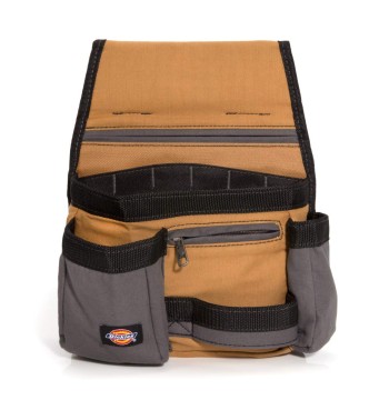 Dickies 11-Pocket Tool/Utility Storage Pouch for Tool Belt, Durable Canvas, Puncture-Resistant Backing, Screwdriver Pockets, Zippered Security Pocket, Hammer Loop, 2-inch Tunnel Loop, Grey/Tan