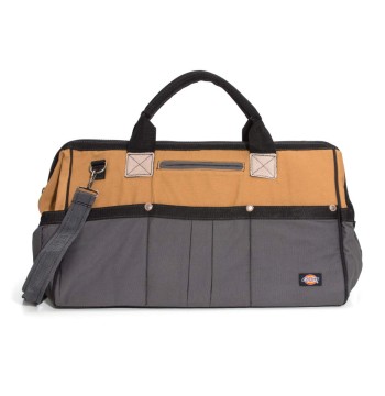 Dickies 20-Inch Durable Canvas Work Bag for Painters, Carpenters, and Builders, Heavy-Duty Zipper, Reinforced Handles, Exterior Pockets, Shoulder Strap, Tan/Grey