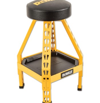 DEWALT Heavy-Duty Metal Stool for Garage and Shop, 360 Swivel Seat, Storage Tray, Padded Rip-Resistant Seat, Steel Frame, Industrial Powder Coating