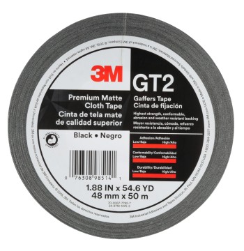 3M Premium Matte Cloth (Gaffers) Tape GT2, High-Strength, Indoor/Outdoor Use, Black, 48 mm x 50 m, 11 mil, 1 Roll, 98514