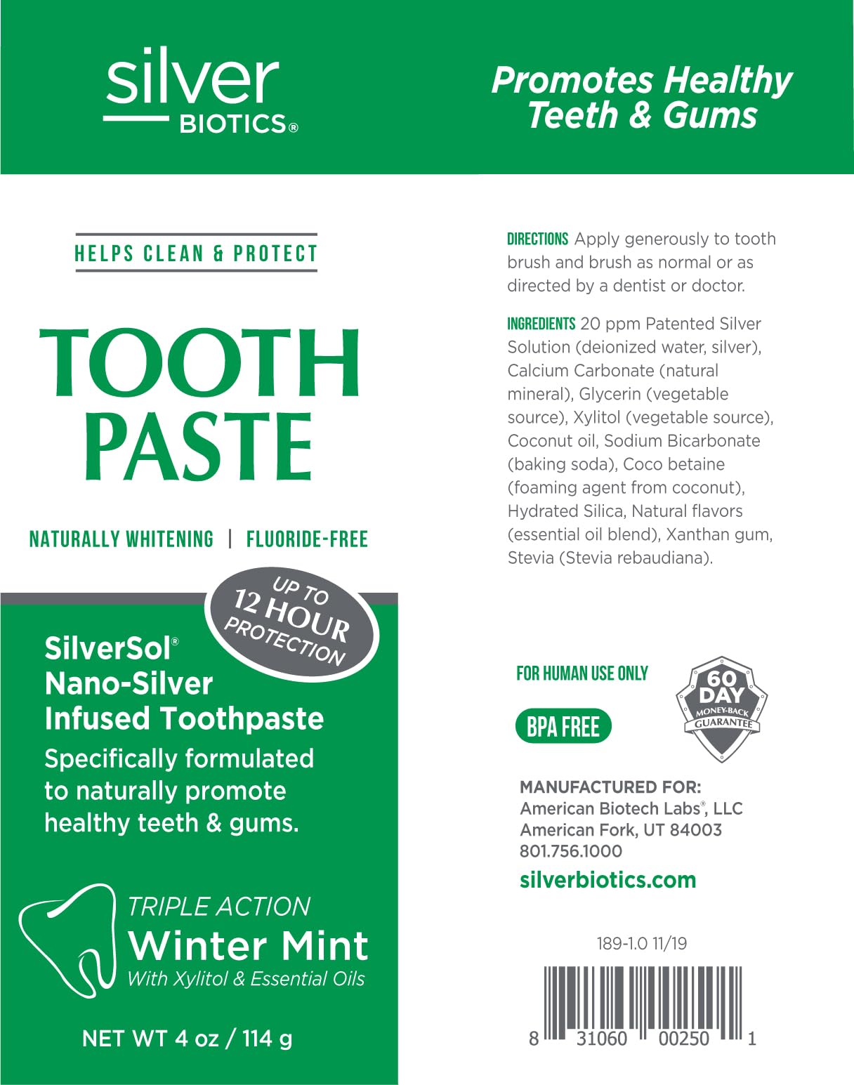 American Biotech Labs Silver Biotics Toothpaste Triple Action Winter Mint Fluoride Free 4Oz (114g)